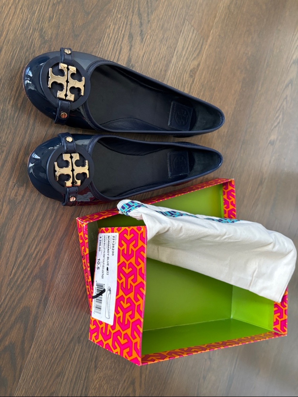 Tory Burch Navy Patent Logo Ballet Flats with Gold Emblem